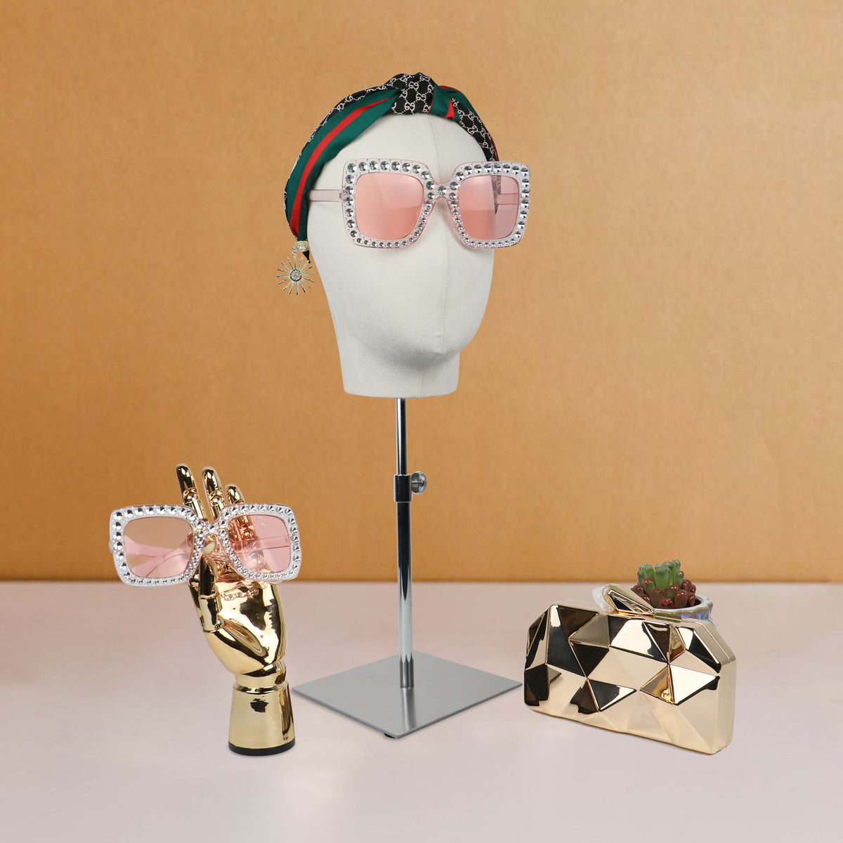 Fashion Mannequin Head, Linen Suede Female Mannequin Hat block ,Metal Hat Holder, High-grade Rack Accessories for Hair Boutique DE-LIANG