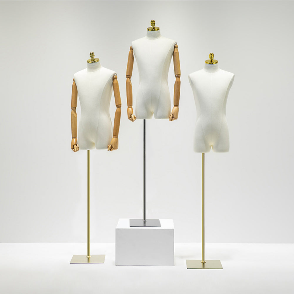 Male Half Body Mannequin,Adult Torso Form with Stand,Men Display Torso with Wooden Arms for Suit Display, Square metal Base, Fabric Torso.