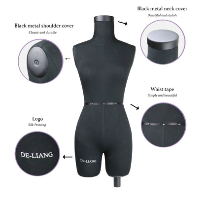 Black SIZE 6 Half Scale Dress Form for Sewing（Not Adult Size）1/2 Mini Fitting Mannequin 43cm Body Height, Female Torso Tailor Model DE-LIANG