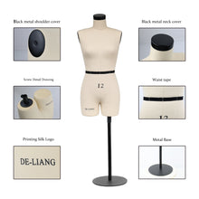 Load image into Gallery viewer, DE-LIANG Size 12 Half scale dress form, mini sewing tailor mannequin, female dressmaker dummy, half size soft arms for dress pattern making

