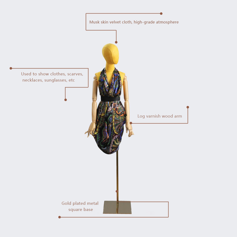 DE-LIANG Popular Female Half Body Velvet Fabric Display Mannequin, Woman Torso Dress Form with Wooden Arms ,High Quality Mannequin Torso