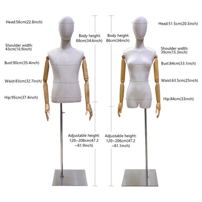 New Style Female|Male Bamboo Linen Mannequin Torso,Luxury High End Fabric Mannequin for Clothes Window Display,Full/Half Body Mannequin Torso De-Liang Dress Forms