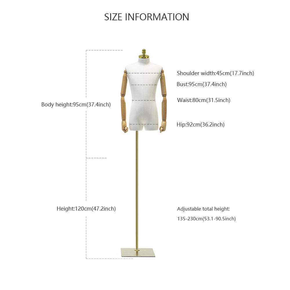 Male Half Body Mannequin,Adult Torso Form with Stand,Men Display Torso with Wooden Arms for Suit Display, Square metal Base, Fabric Torso. DE-LIANG