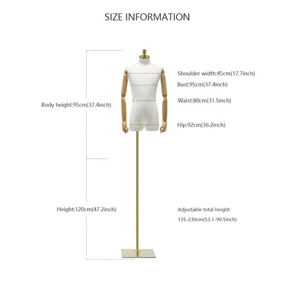 Male Half Body Mannequin,Adult Torso Form with Stand,Men Display Torso with Wooden Arms for Suit Display, Square metal Base, Fabric Torso. DE-LIANG