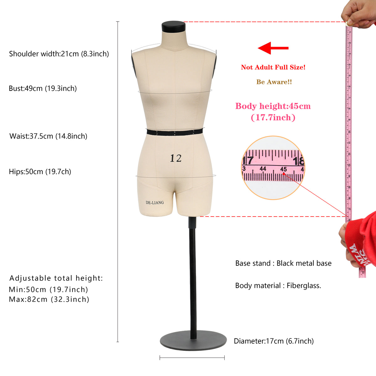 DE-LIANG Size 12 Half scale dress form, mini sewing tailor mannequin, female dressmaker dummy, half size soft arms for dress pattern making DE-LIANG