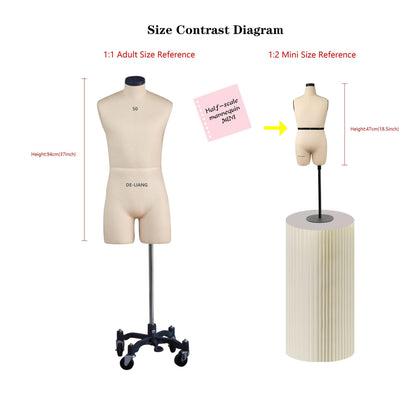 DL264 Half Scale Men Dress Form 1/2 Male tailor dummy trouser Mannequin with 32cm soft arms,half size male sewing form,48cm fitting form DE-LIANG