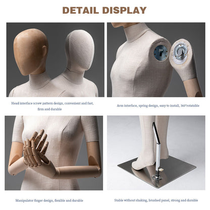 DE-LIANG Female Male Full Body Dress Form Mannequin, Display Model with Fade Wood Head, Adult Cloth Dummy with Wooden Arms, Upper Manikin for Wig DeLiangDressForms