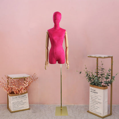 DE-LIANG Popular Female Half Body Velvet Fabric Display Mannequin, Woman Torso Dress Form with Wooden Arms ,High Quality Mannequin Torso DE-LIANG