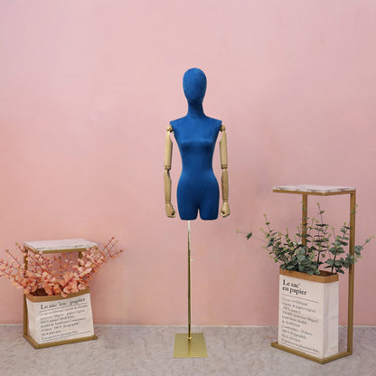 DE-LIANG Popular Female Half Body Velvet Fabric Display Mannequin, Woman Torso Dress Form with Wooden Arms ,High Quality Mannequin Torso DE-LIANG