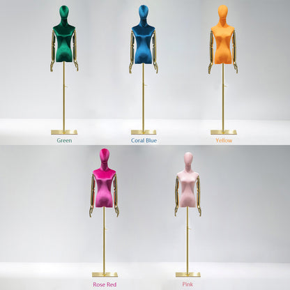 DE-LIANG Adjustable Height Velvet Female Mannequin,Half Body Model with Plated Golden Arms,Adult Women Torso Dress Form for Window Clothes Display DE-LIANG