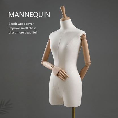 DE-LIANG Female Adult mannequin torso with Stand, half body Woman Display Linen Dress Form Adjustable Height,Flexible Wooden Arms for clothing. DE-LIANG