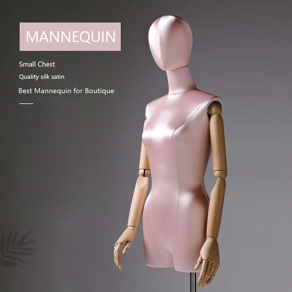 DE-LIANG Luxury Satin Half Body Female Mannequin, Adjustable Women Silk Dress form, Clothing Model Props,Lady Display Form with Wood Arm, Jewelry Pro