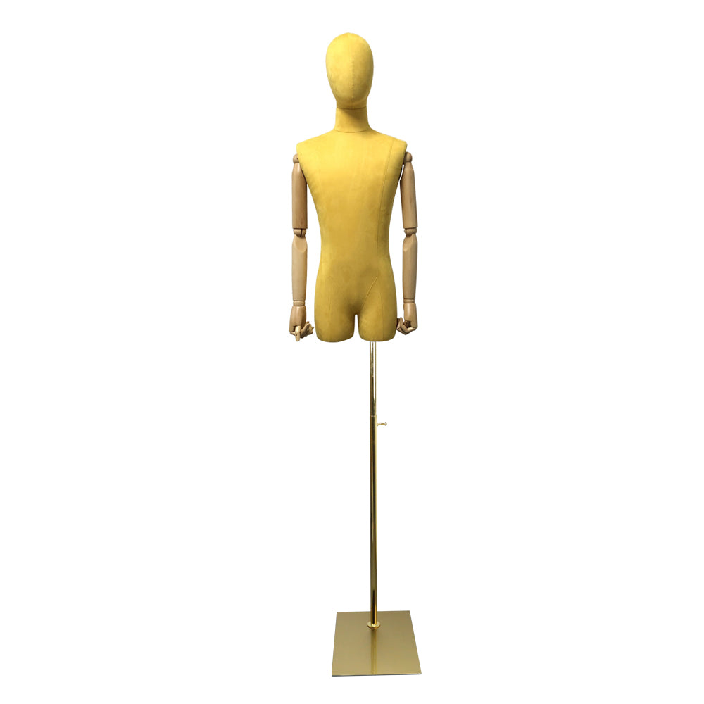 Adult Male Half Body Velvet Fabric Mannequin, Men Display Torso Dress Form with Wooden Arms Natural Wood Color, Switch Head, 5 color