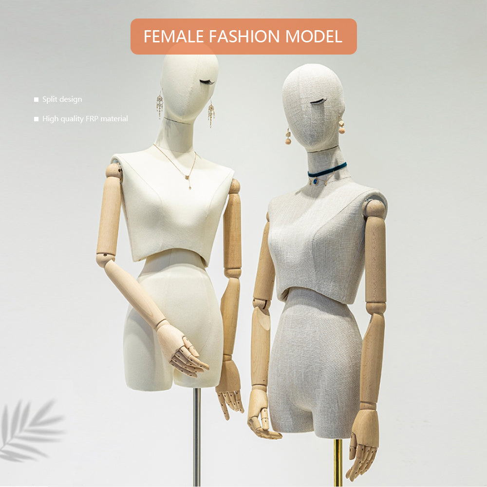 DE-LIANG Fashion Female fabric mannequin,half body model with wooden arms, adult women torso dress form for garment display model