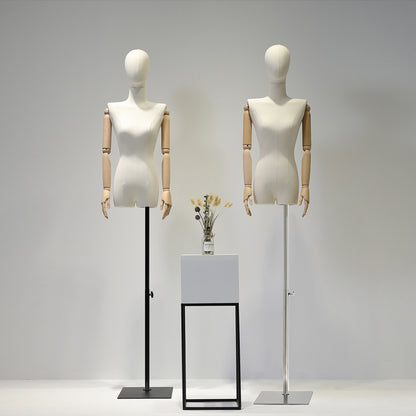 DE-LIANG Female Half Body Fabric Mannequin,Adult Women Flat Shoulder Model Props with Flexible Wood Arms,Window Dress Form for Clothing Display DE-LIANG