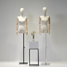 Load image into Gallery viewer, DE-LIANG Female Half Body Fabric Mannequin,Adult Women Flat Shoulder Model Props with Flexible Wood Arms,Window Dress Form for Clothing Display
