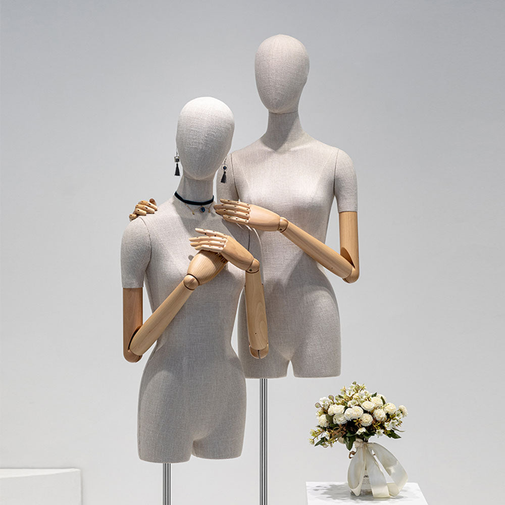 DE-LIANG High Grade Female Mannequin Torso,Women Wedding Dress Display Model,Bamboo Hemp Fabric Clothing Dress Form,Adult Props with Wooden Arms
