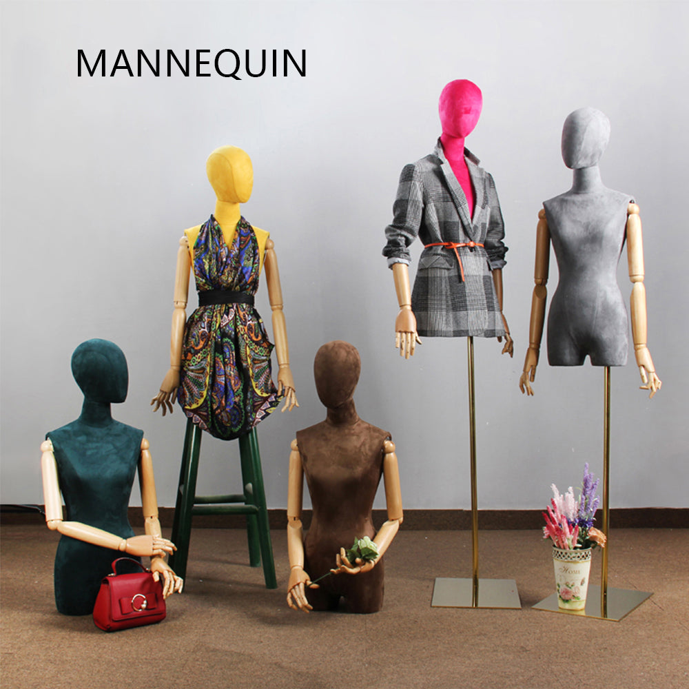 DE-LIANG Popular Female Half Body Velvet Fabric Display Mannequin, Woman Torso Dress Form with Wooden Arms ,High Quality Mannequin Torso