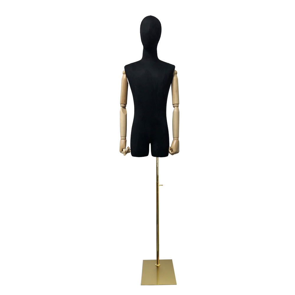 Adult Male Half Body Mannequin, Men Velvet Fabric Display Torso Dress Form with Wooden Arms Natural Wood Color, Switch Head, 5 color