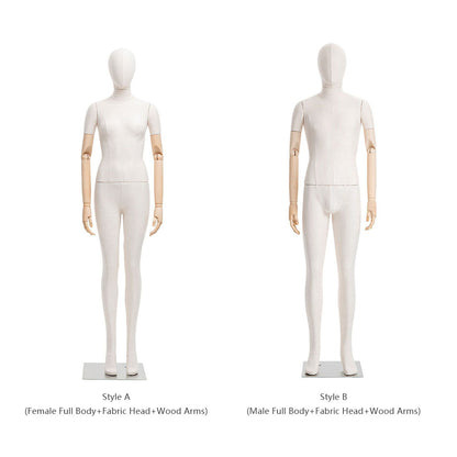 DE-LIANG Female Male Full Body Dress Form Mannequin, Display Model with Fade Wood Head, Adult Cloth Dummy with Wooden Arms, Upper Manikin for Wig DeLiangDressForms