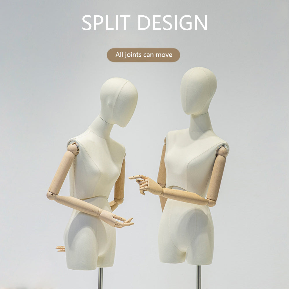 DE-LIANG Fashion Female fabric mannequin,half body model with wooden arms, adult women torso dress form for garment display model