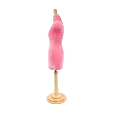 Load image into Gallery viewer, DE-LIANG  Half scale mini dressform,DL803 fully pinnable tailor sewing pink velvet mannequin with wooden round base, not perfect but ok to draping sew
