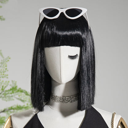 Human Hair Blend Wig,Black Straight Hair with Short Bangs,Female Luxury Wig Party Style ,as Gifts for Women De-Liang Dress Forms