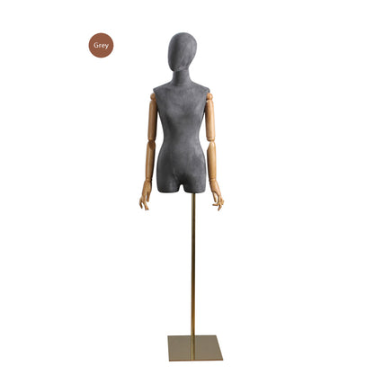 DE-LIANG Popular Female Half Body Velvet Fabric Display Mannequin, Woman Torso Dress Form with Wooden Arms ,High Quality Mannequin Torso DE-LIANG