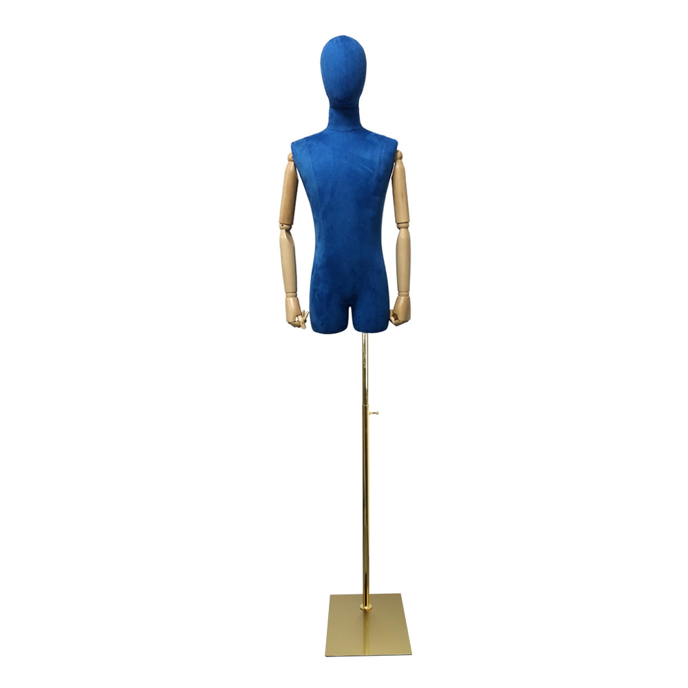 Adult Male Half Body Mannequin, Men Velvet Fabric Display Torso Dress Form with Wooden Arms Natural Wood Color, Switch Head, 5 color