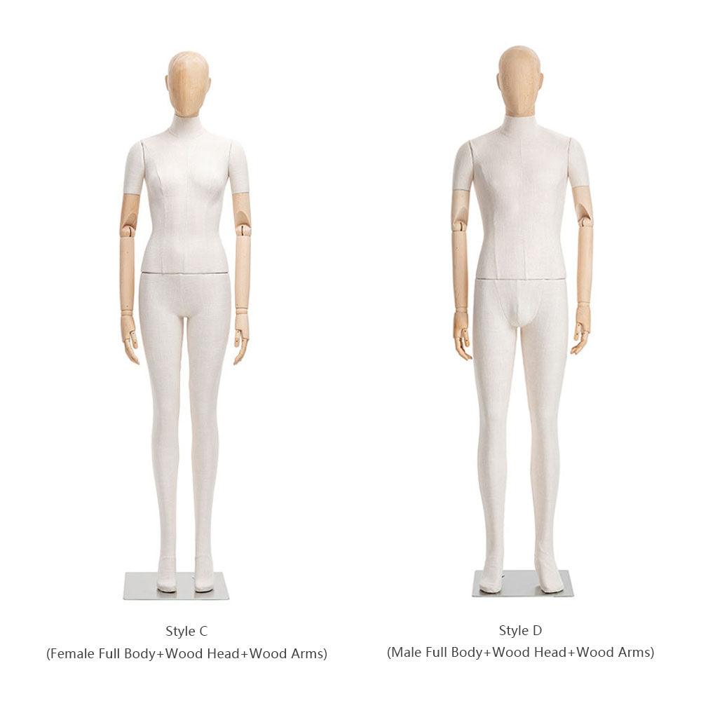DE-LIANG Female Male Full Body Dress Form Mannequin, Display Model with Fade Wood Head, Adult Cloth Dummy with Wooden Arms, Upper Manikin for Wig