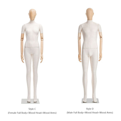 DE-LIANG Female Male Full Body Dress Form Mannequin, Display Model with Fade Wood Head, Adult Cloth Dummy with Wooden Arms, Upper Manikin for Wig DeLiangDressForms