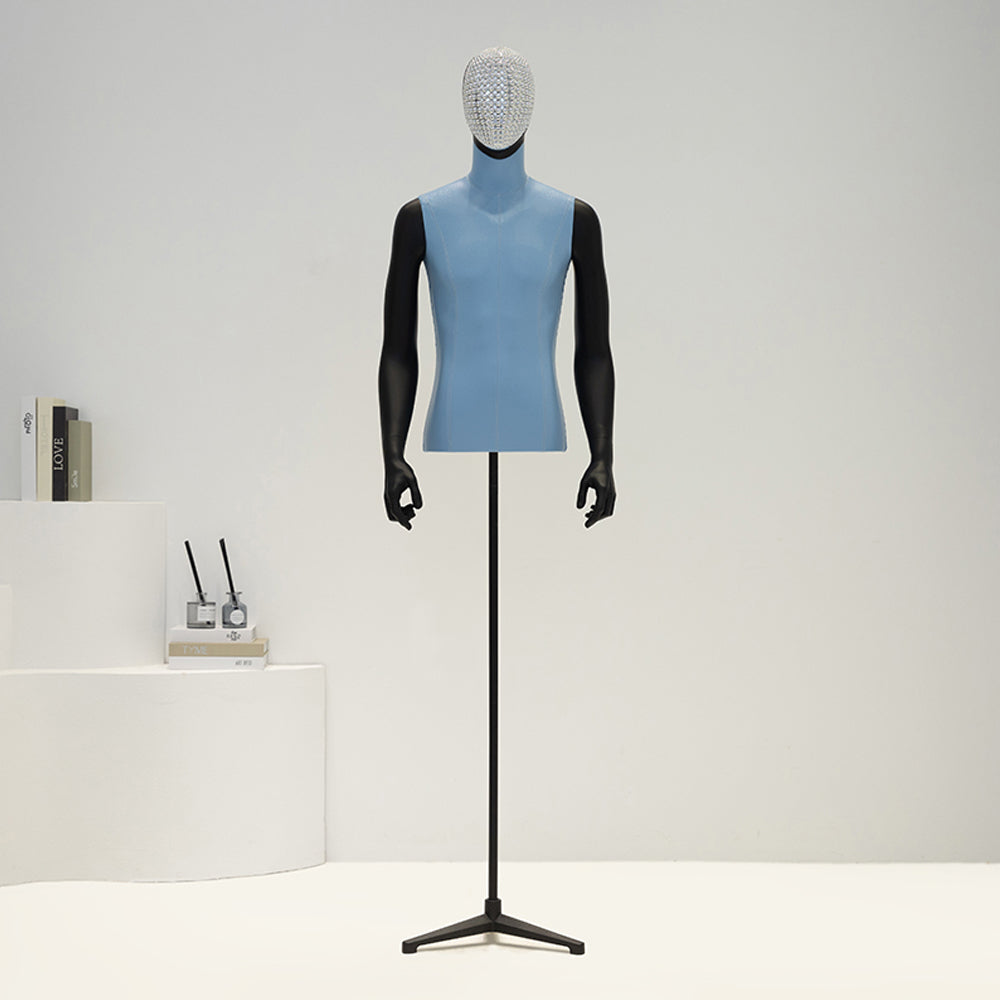 Adult Men PU Leather Torso Dress Form , Brown Fabric Mannequin with Black Triangular base,Adjustable Male Half Body Mannequin for Cloth Store ,Window Display DE-LIANG