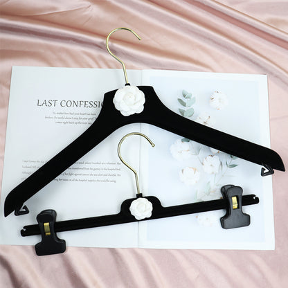 DE-LIANG Luxury Black Velvet Hanger, Clothing Hanger with Camellia, Clothing Display Rack, Bottom Clip Pant clothing hanger Non-slip,Bridal De-Liang Dress Forms