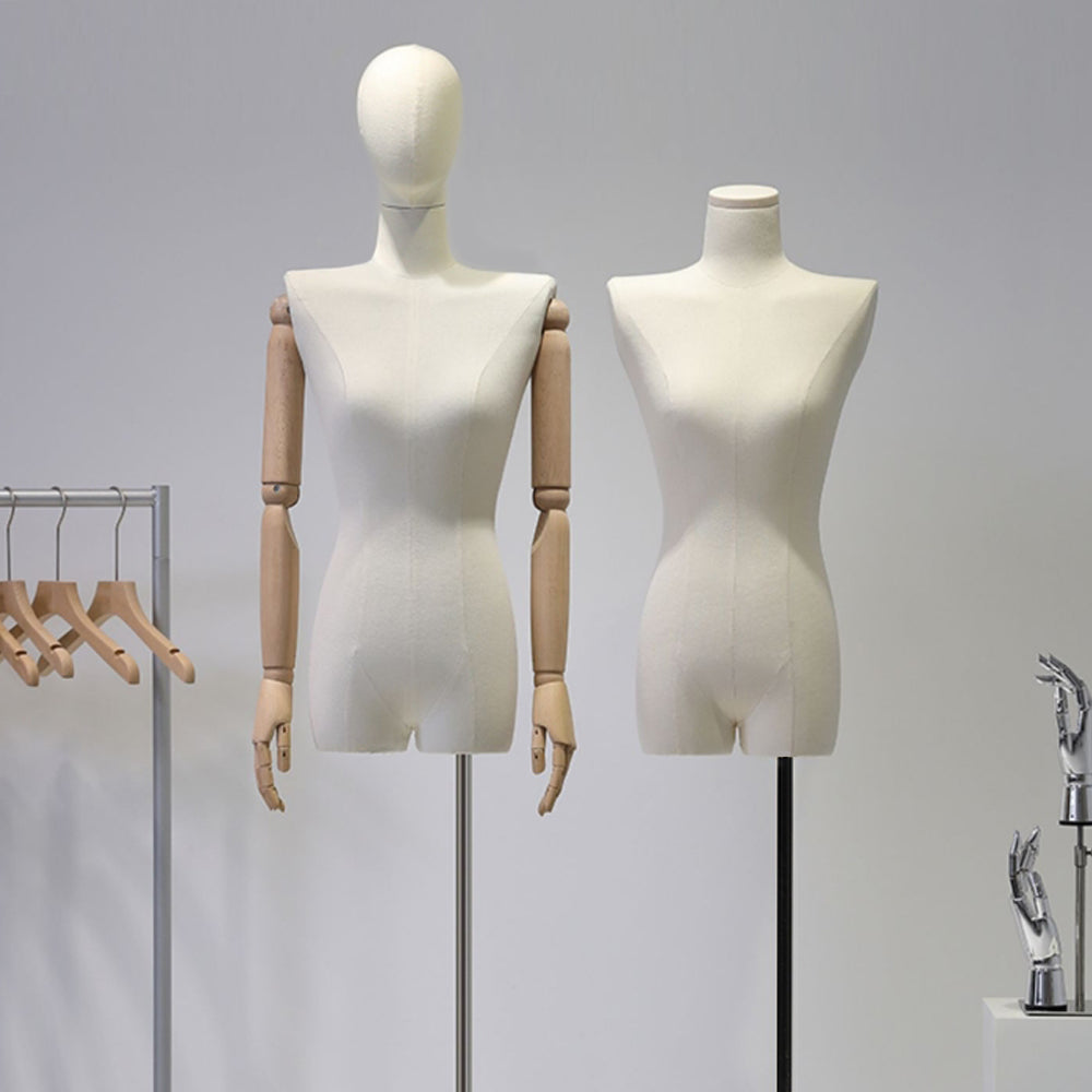 DE-LIANG Female Half Body Fabric Mannequin,Adult Women Flat Shoulder Model Props with Flexible Wood Arms,Window Dress Form for Clothing Display