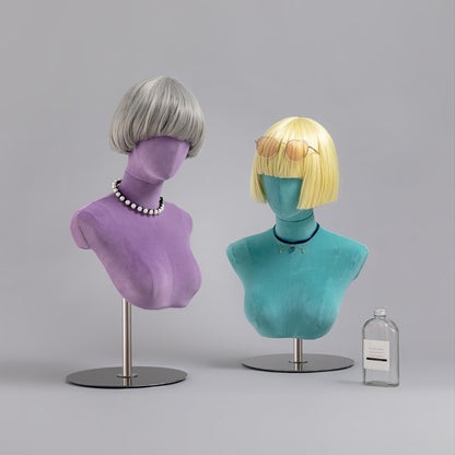 Fashion Head  Mannequin ,Colorful Suede Chest Necklace Stand, Wig Head Form for Wig Store Display DE-LIANG