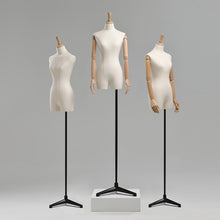 Load image into Gallery viewer, DE-LIANG Female Adult mannequin torso with Stand, half body Woman Display Linen Dress Form Adjustable Height,Flexible Wooden Arms for clothing.
