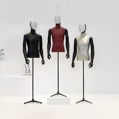 Adult Men PU Leather Torso Dress Form , Brown Fabric Mannequin with Black Triangular base,Adjustable Male Half Body Mannequin for Cloth Store ,Window Display DE-LIANG