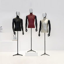 Load image into Gallery viewer, Adult Men PU Leather Torso Dress Form , Brown Fabric Mannequin,Adjustable Male Half Body Model for Window Display,with Black Triangular base
