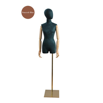 DE-LIANG Popular Female Half Body Velvet Fabric Display Mannequin, Woman Torso Dress Form with Wooden Arms ,High Quality Mannequin Torso DE-LIANG