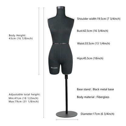 Black SIZE 6 Half Scale Dress Form for Sewing（Not Adult Size）1/2 Mini Fitting Mannequin 43cm Body Height, Female Torso Tailor Model DE-LIANG