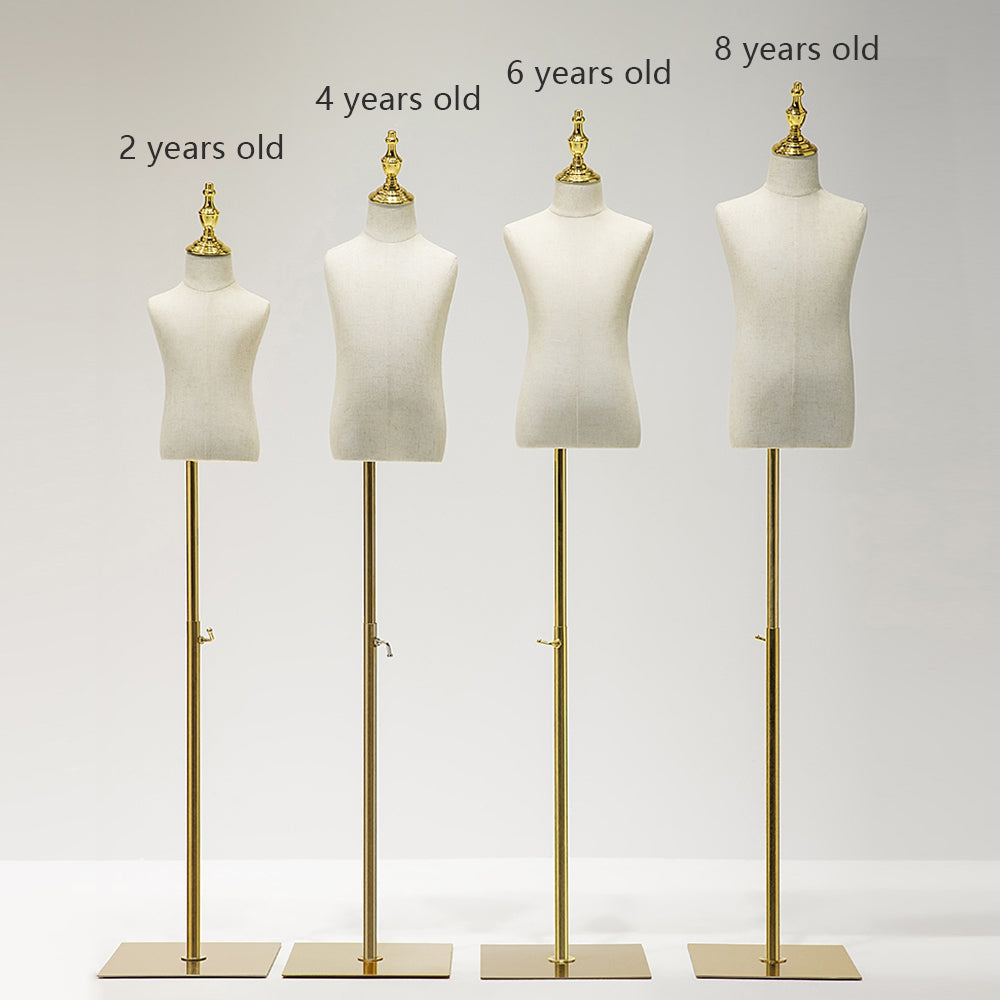Adjustable Height Canvas Kids Mannequin,Half Body Mannequin with Golden Metal Base,Unisex Children Torso Dress Form for Clothes Display