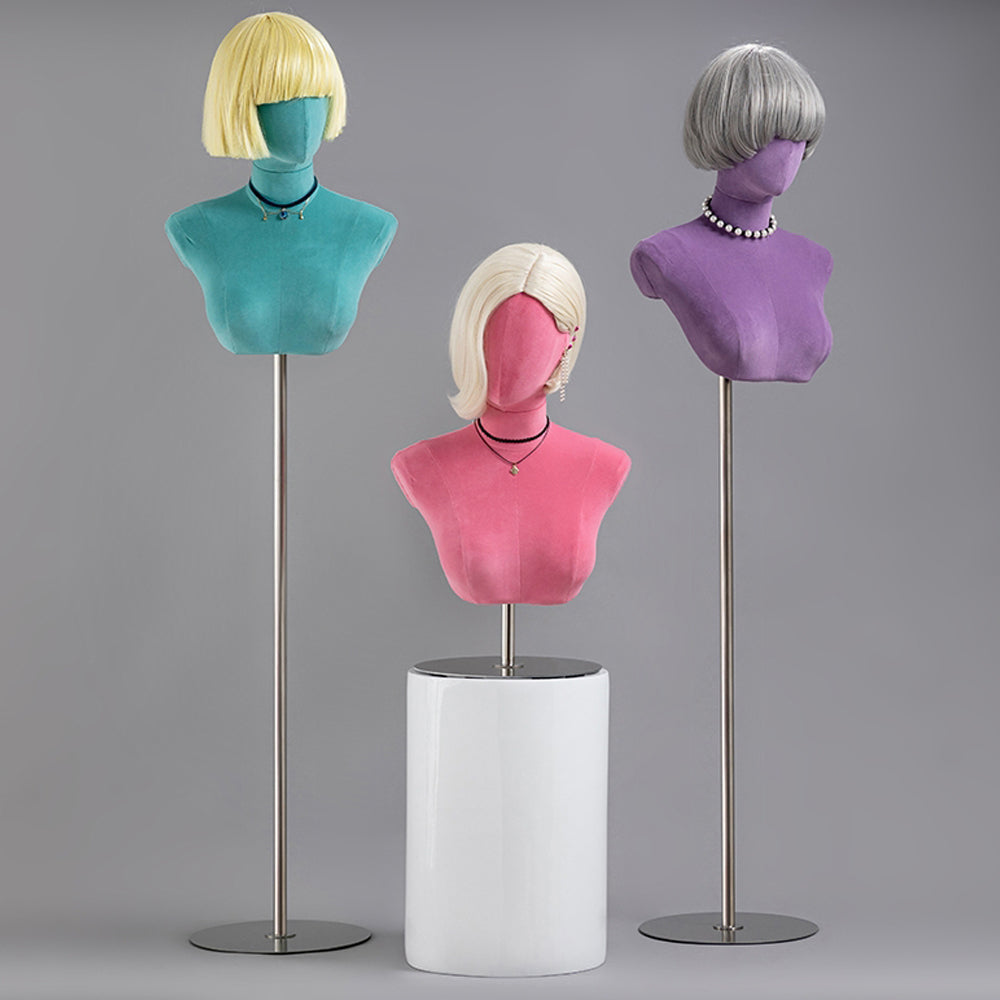 Fashion Head  Mannequin ,Colorful Suede Chest Necklace Stand, Wig Head Form for Wig Store Display