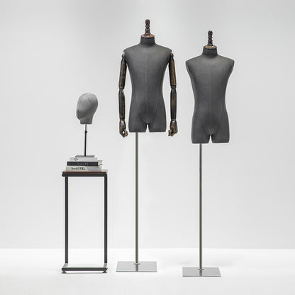 Male Half Body Mannequin,Adult Torso Form with Stand,Men Display Torso with Wooden Arms for Suit Display, Square metal Base, Fabric Torso. DE-LIANG