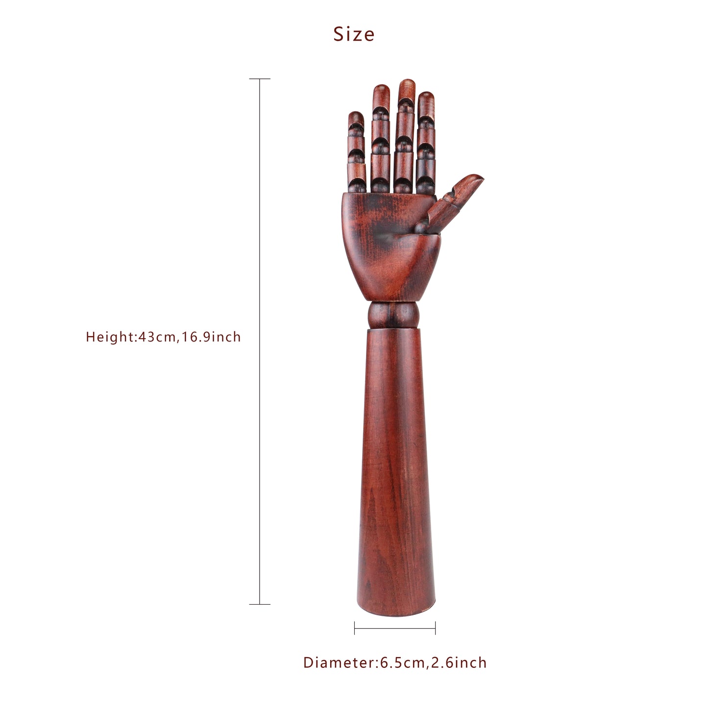 Wood Model Hand mannequin | Flexible Movable Fingers Manikin | Jewelry Display Props | 43cm Artist Joint Model Hand Natural Dark Red Brown