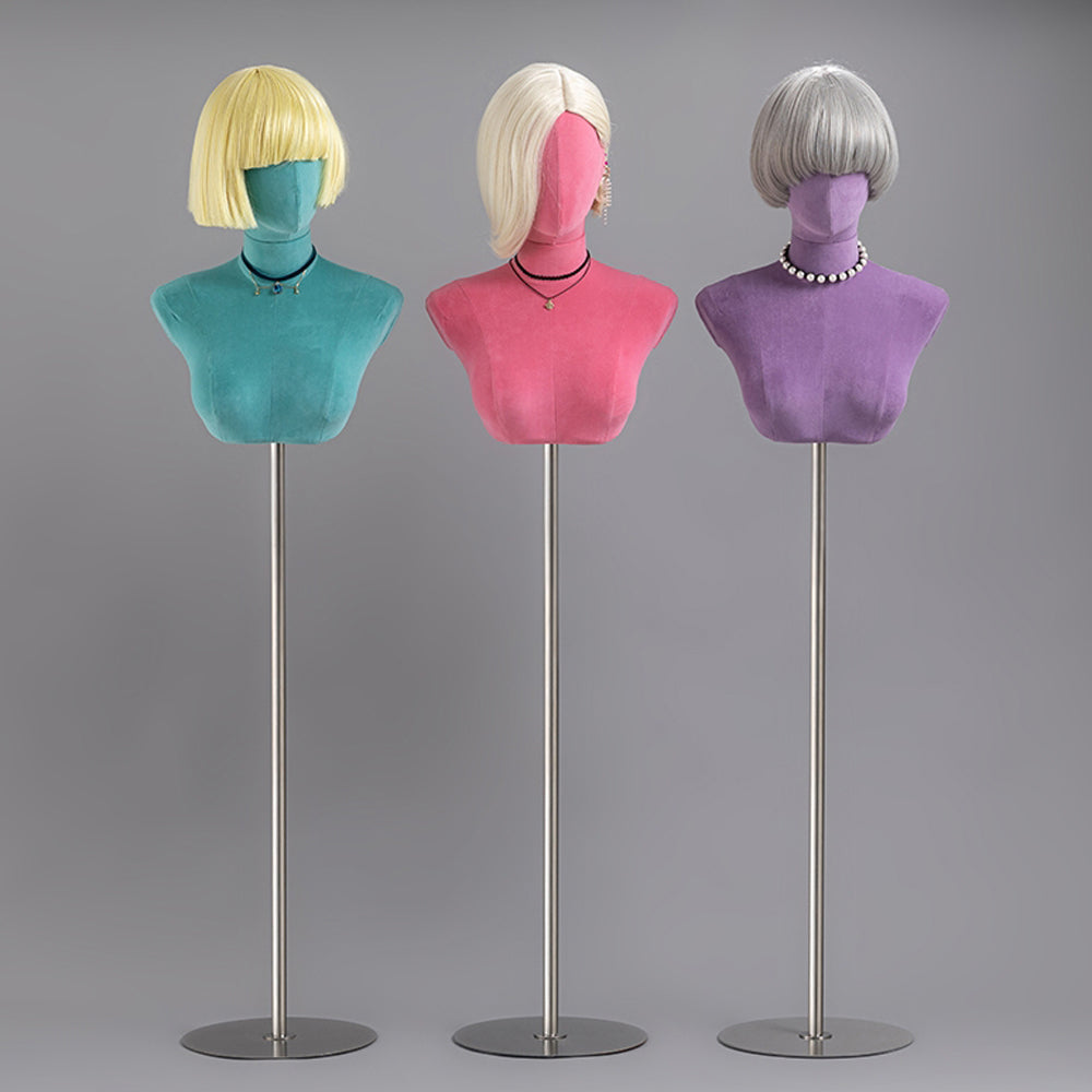 Fashion Head  Mannequin ,Colorful Suede Chest Necklace Stand, Wig Head Form for Wig Store Display
