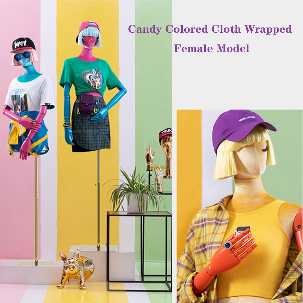 DE-LIANG Luxury Half Body Female Velvet Mannequin,Colorful Wig for Women Clothes Boutique Window Display, Manikin Torso with Wooden Arms,Dress Form Model