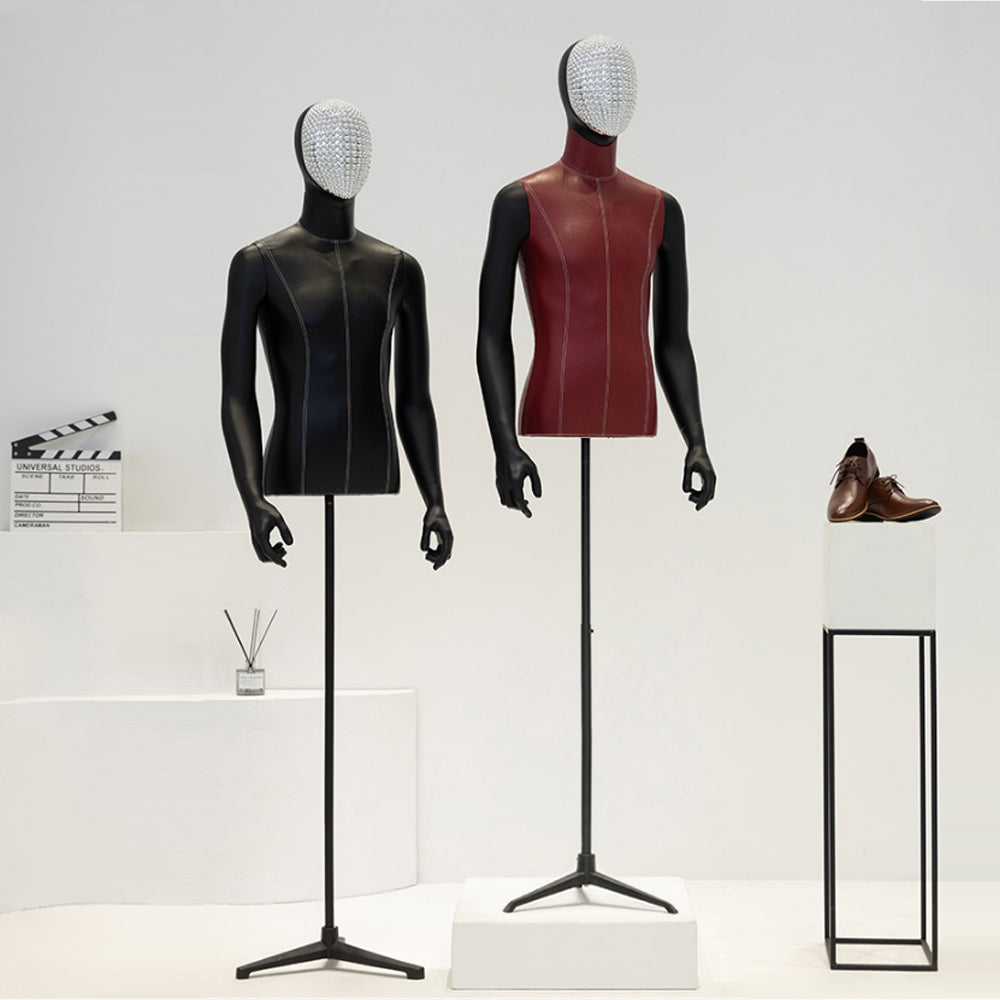 Adult Men PU Leather Torso Dress Form , Brown Fabric Mannequin with Black Triangular base,Adjustable Male Half Body Mannequin for Cloth Store ,Window Display