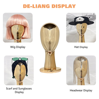 Popular Chrome Golden Head Mannequin with Long Neck Shiny Mirror Face for Hat Shop DE-LIANG