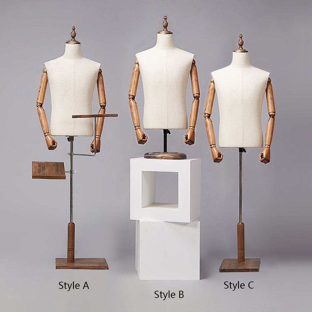 DE-LIANG Men Fabric Mannequin Torso,Half Body Dress Form For Clothing Store Display,Maniquin Body Dummy Prop,Adult Male Model with Wooden Base