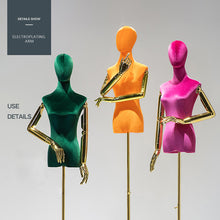 Load image into Gallery viewer, DE-LIANG Adjustable Height Velvet Female Mannequin,Half Body Model with Plated Golden Arms,Adult Women Torso Dress Form for Window Clothes Display

